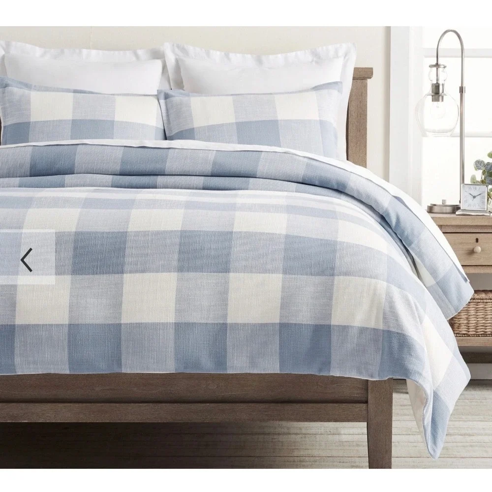 Pottery Barn Bryce Check Standard Sham Set 2 Chambray Blue White Cotton NEW